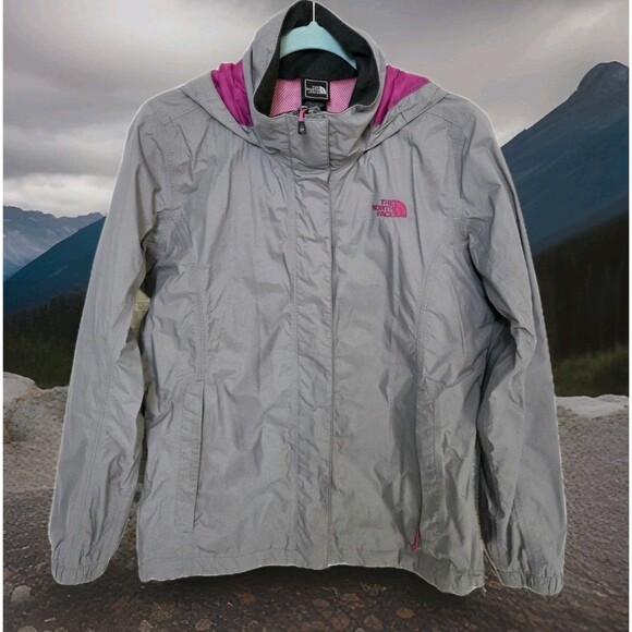 The North Face HyVent Windbreaker/Rain Jacket Woman's M Hooded Shell Gray/Pink - Picture 1 of 12